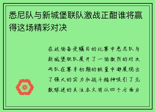 悉尼队与新城堡联队激战正酣谁将赢得这场精彩对决